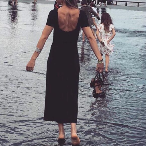 BEST Sezane Joey Midi Dress Small Black Noir French Knit Classic Low Back - Picture 4 of 10